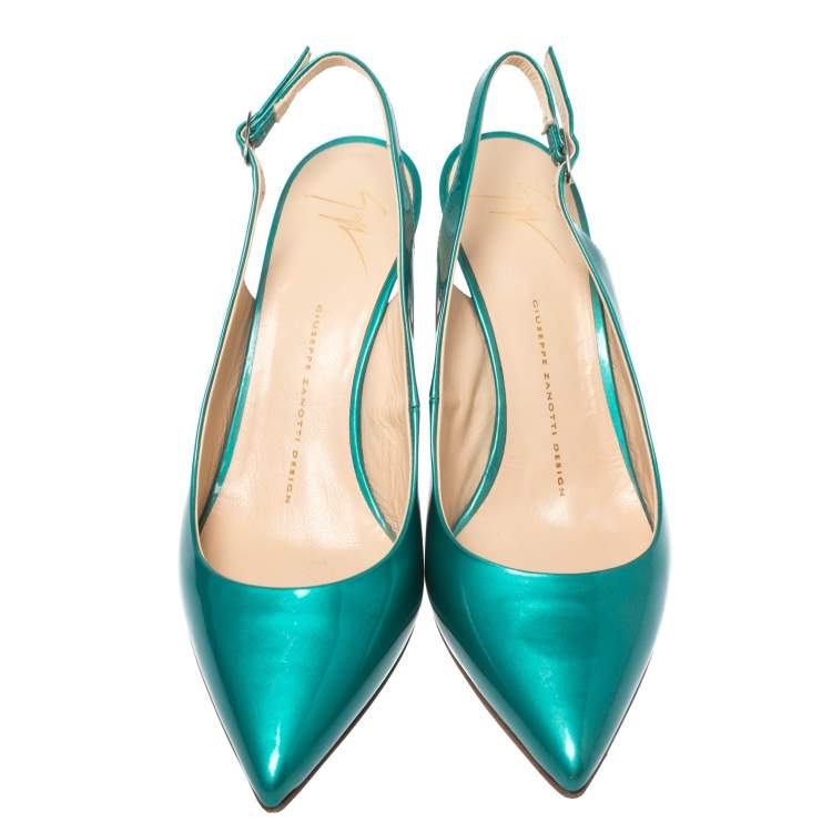 Pre Owned Giuseppe Zanotti Green Patent Leather Slingback Pointed Toe Sandals Size 39