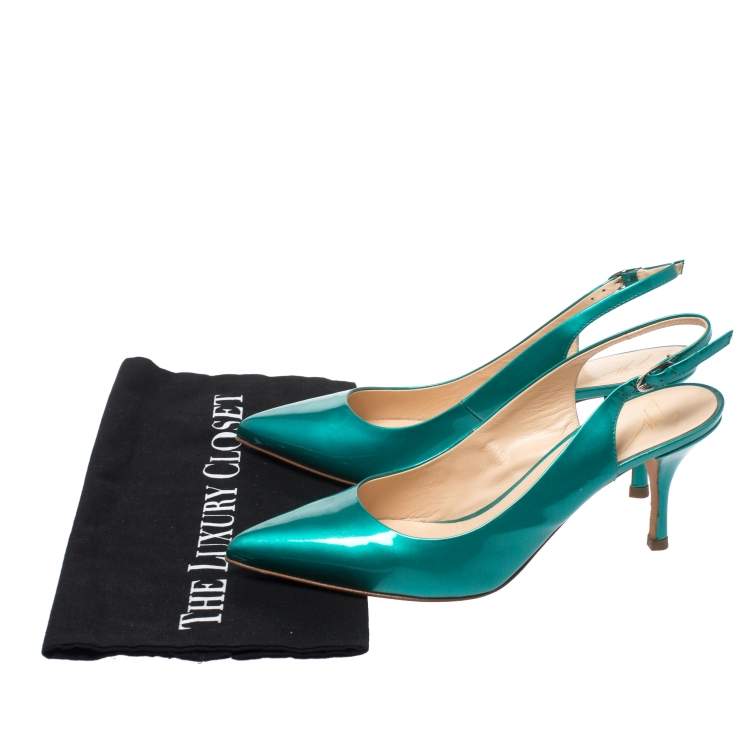 Pre Owned Giuseppe Zanotti Green Patent Leather Slingback Pointed Toe Sandals Size 39