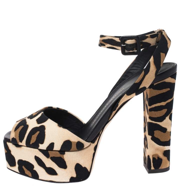 Pre Owned Giuseppe Zanotti Leopard Print Grosgrain Lavinia Ankle Strap Platform Sandals Size 39