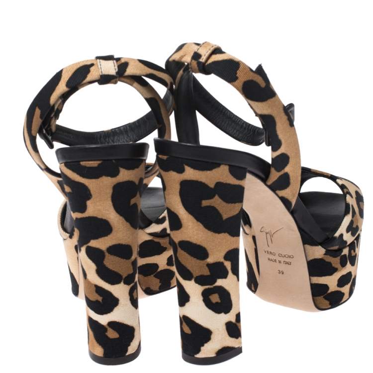 Pre Owned Giuseppe Zanotti Leopard Print Grosgrain Lavinia Ankle Strap Platform Sandals Size 39