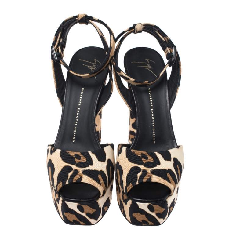 Pre Owned Giuseppe Zanotti Leopard Print Grosgrain Lavinia Ankle Strap Platform Sandals Size 39