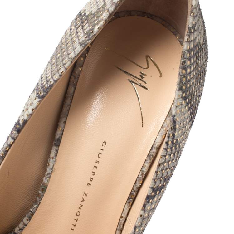 مملوكة مسبقًا Giuseppe Zanotti Mint Green/Black Python Effect Leather Peep Toe Platform Pumps Size 39.5