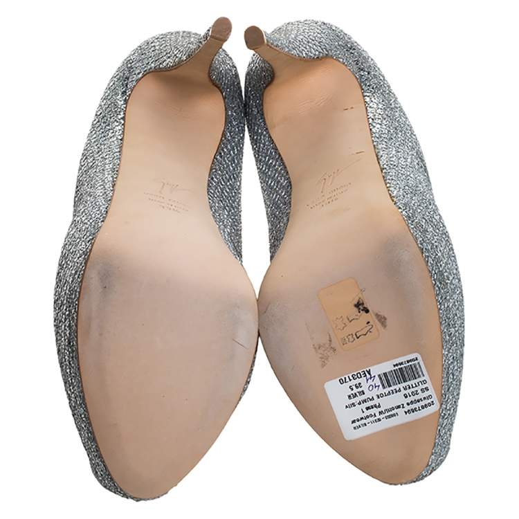 Pre Owned Giuseppe Zanotti Silver Glitter Fabric Peep Toe Platform Pumps Size 39.5