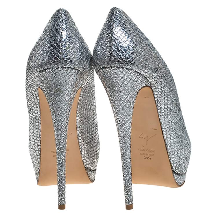 Pre Owned Giuseppe Zanotti Silver Glitter Fabric Peep Toe Platform Pumps Size 39.5