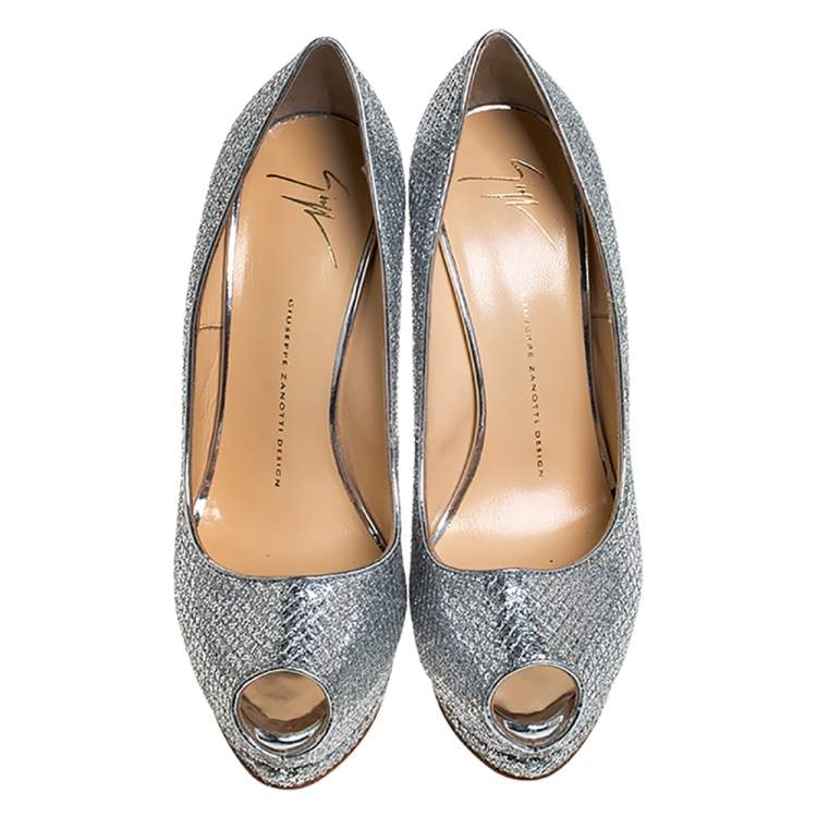 Pre Owned Giuseppe Zanotti Silver Glitter Fabric Peep Toe Platform Pumps Size 39.5