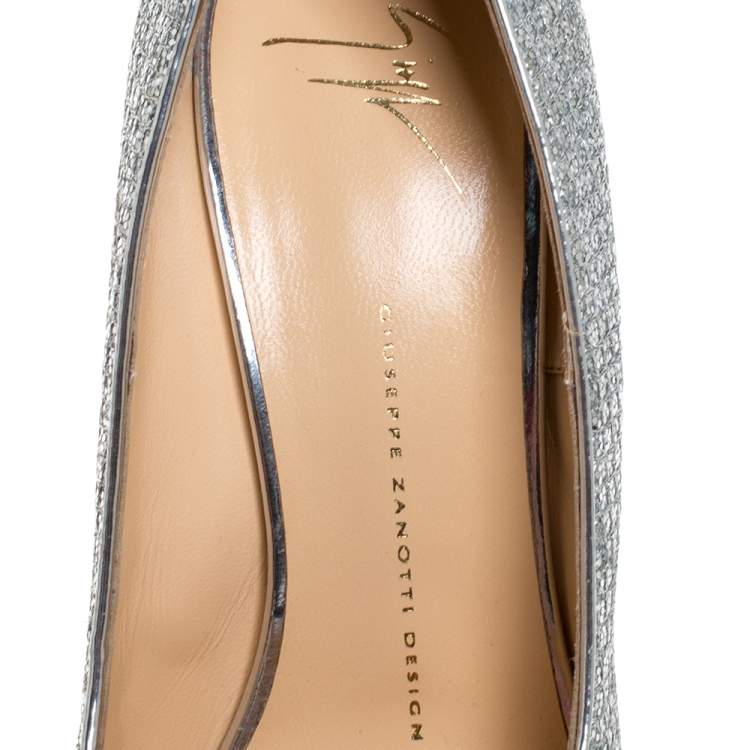 Pre Owned Giuseppe Zanotti Silver Glitter Fabric Peep Toe Platform Pumps Size 39.5