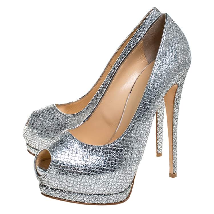 Pre Owned Giuseppe Zanotti Silver Glitter Fabric Peep Toe Platform Pumps Size 39.5