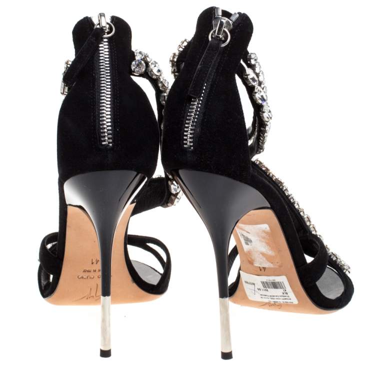 Pre Owned Giuseppe Zanotti Black Suede Crystal Embellished Strappy Sandals Size 41