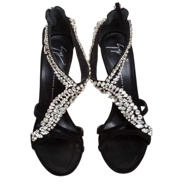Pre Owned Giuseppe Zanotti Black Suede Crystal Embellished Strappy Sandals Size 41