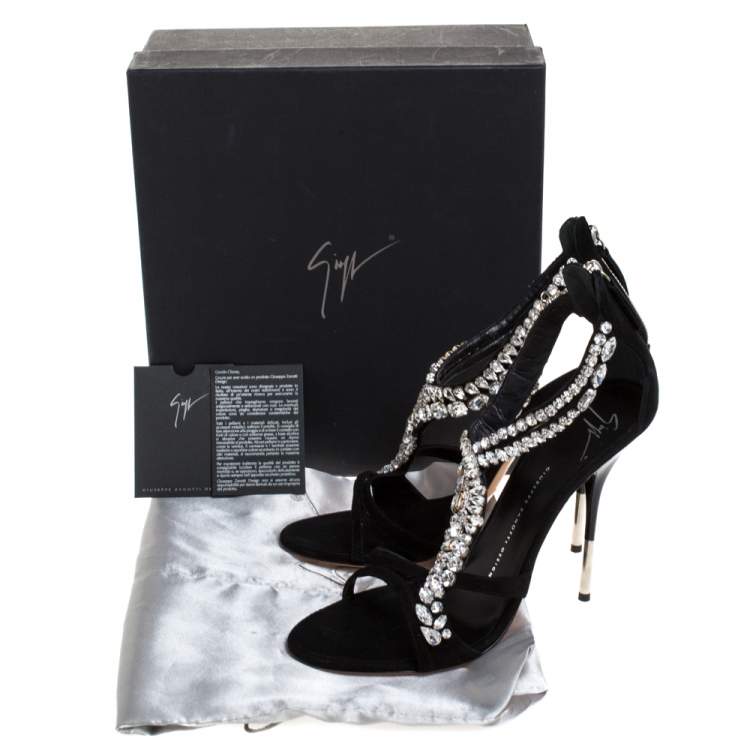 Pre Owned Giuseppe Zanotti Black Suede Crystal Embellished Strappy Sandals Size 41