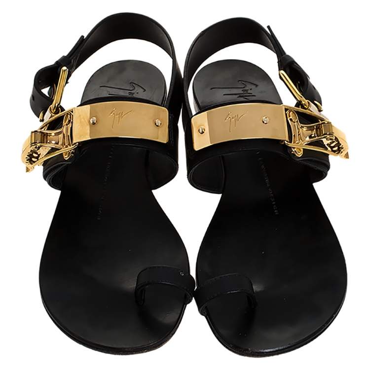Pre Owned Giuseppe Zanotti Black Leather Toe Ring Buckle Slingback Flats Size 38