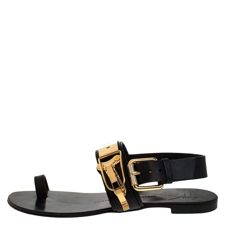 Pre Owned Giuseppe Zanotti Black Leather Toe Ring Buckle Slingback Flats Size 38