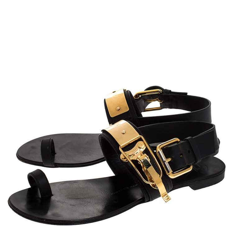 Pre Owned Giuseppe Zanotti Black Leather Toe Ring Buckle Slingback Flats Size 38