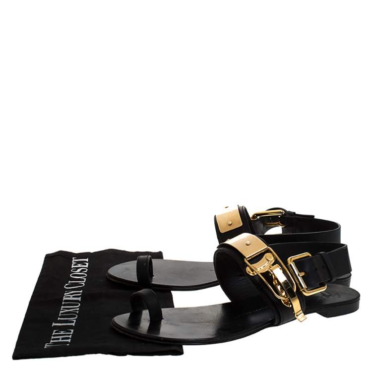 Pre Owned Giuseppe Zanotti Black Leather Toe Ring Buckle Slingback Flats Size 38