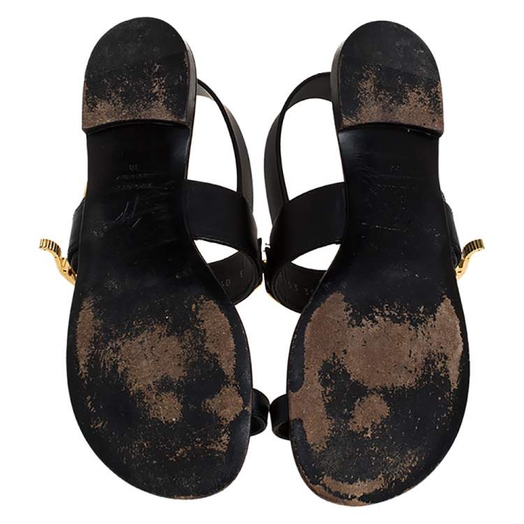 Pre Owned Giuseppe Zanotti Black Leather Toe Ring Buckle Slingback Flats Size 38