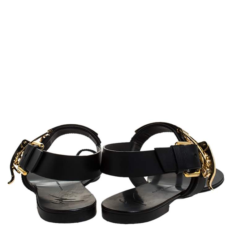 Pre Owned Giuseppe Zanotti Black Leather Toe Ring Buckle Slingback Flats Size 38