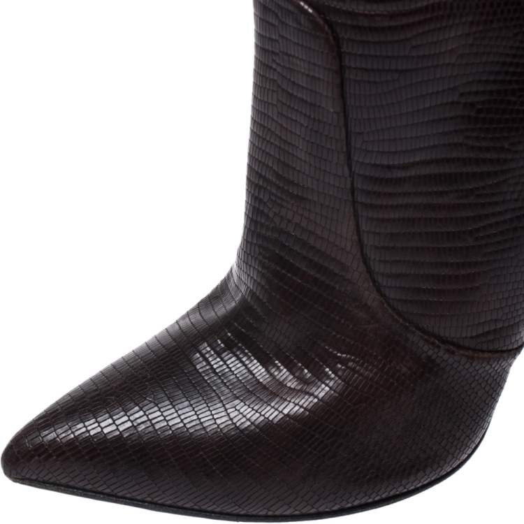 Pre Owned Giuseppe Zanotti Brown Lizard Embossed Leather Knee High Boots Size 40