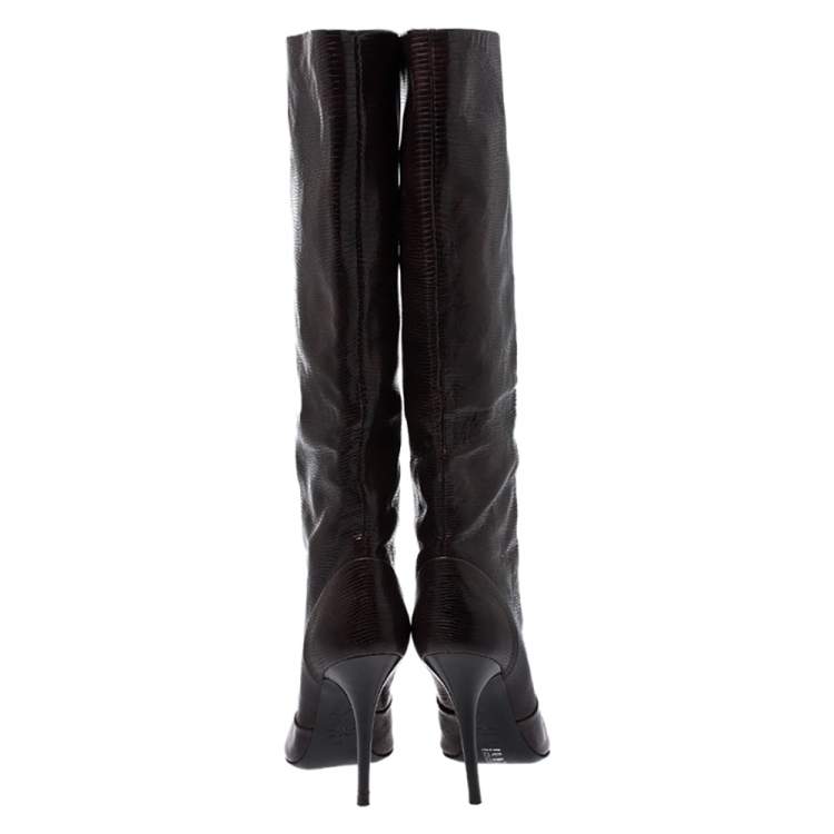 Pre Owned Giuseppe Zanotti Brown Lizard Embossed Leather Knee High Boots Size 40