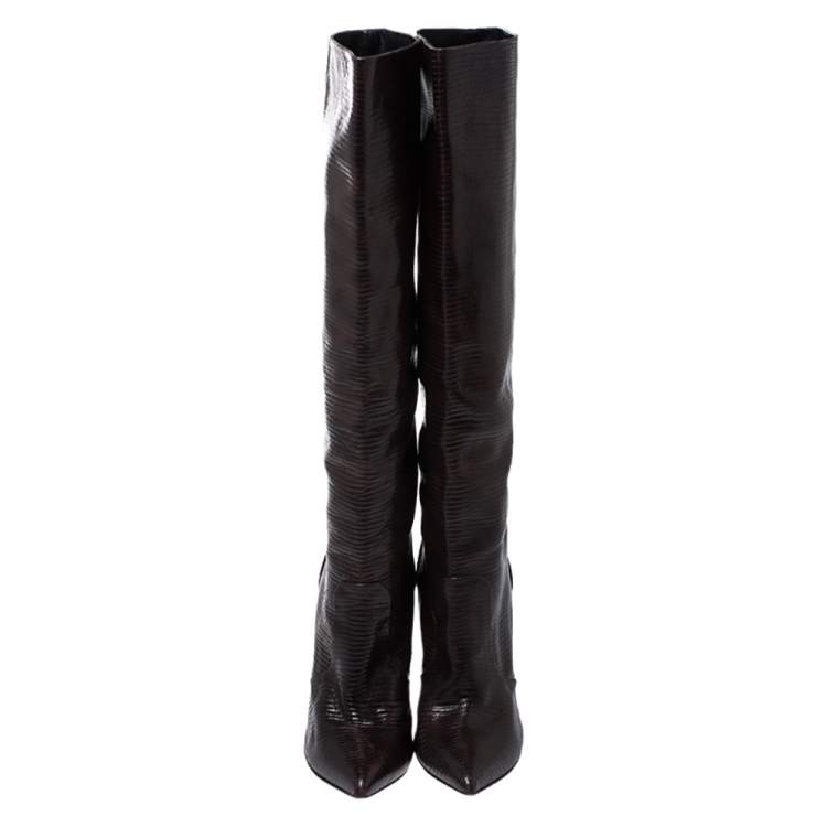 Pre Owned Giuseppe Zanotti Brown Lizard Embossed Leather Knee High Boots Size 40