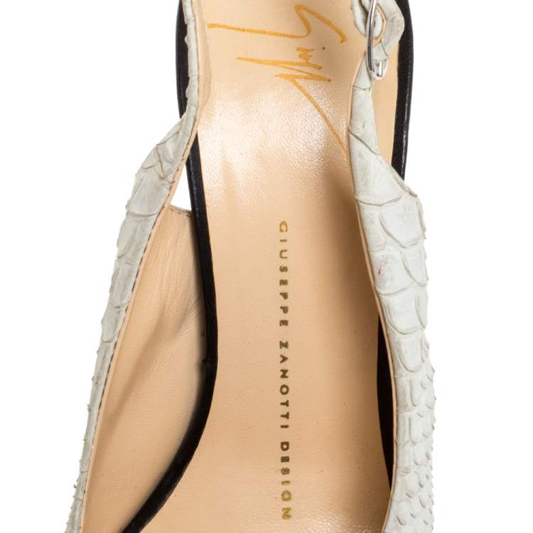 Pre Owned Giuseppe Zanotti White Python Embossed Leather Peep Toe Platform Slingback Sandals Size 37.5