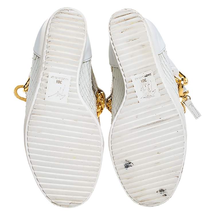مملوكة مسبقًا Giuseppe Zanotti White Snake Embossed Leather High Top Wedge Sneakers Size 36.5