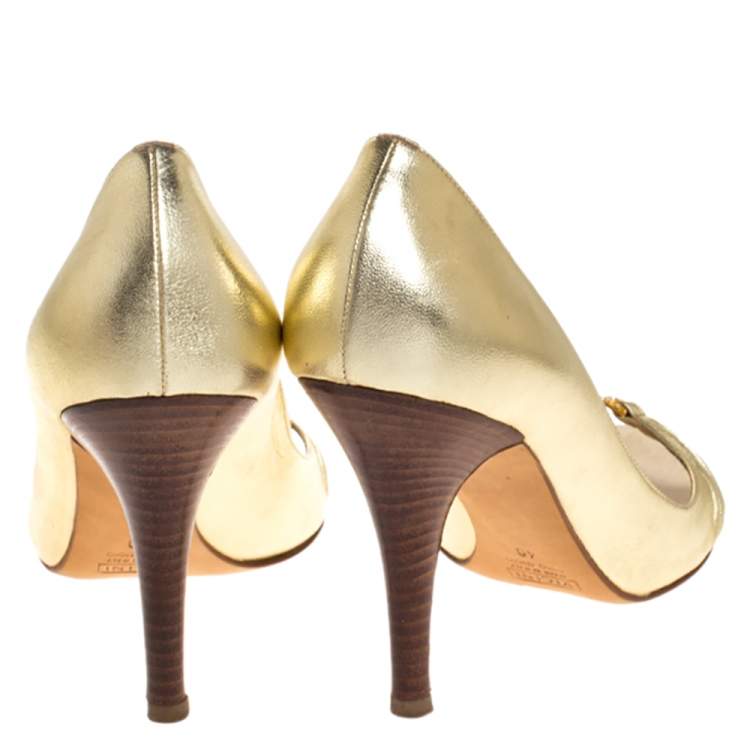 Pre Owned Giuseppe Zanotti Metallic Gold Leather Crystal Embellished Open Toe Pumps Size 40