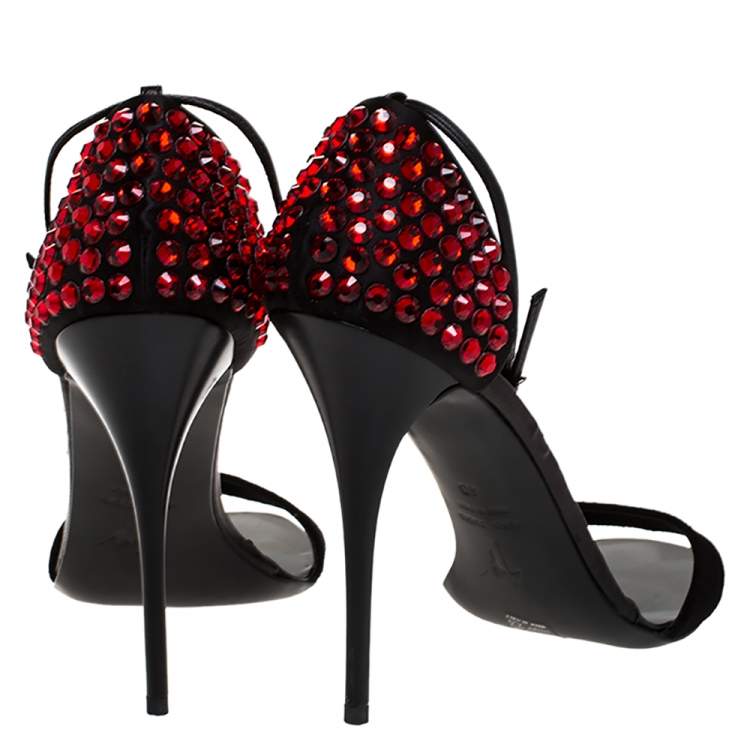 Pre Owned Giuseppe Zanotti Black Suede And Satin Crystal Embellished Ankle Strap Sandals Size 40