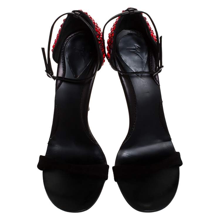 Pre Owned Giuseppe Zanotti Black Suede And Satin Crystal Embellished Ankle Strap Sandals Size 40