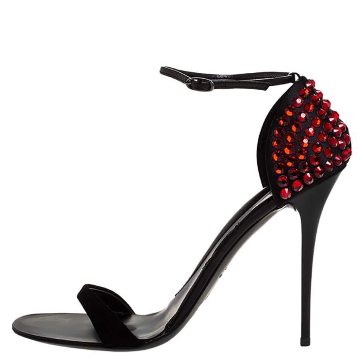 Pre Owned Giuseppe Zanotti Black Suede And Satin Crystal Embellished Ankle Strap Sandals Size 40