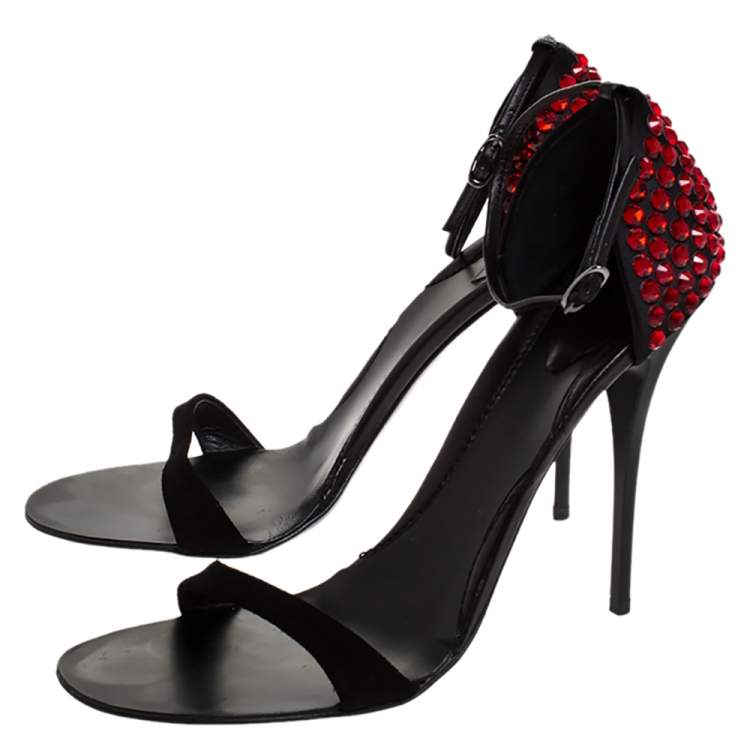 Pre Owned Giuseppe Zanotti Black Suede And Satin Crystal Embellished Ankle Strap Sandals Size 40