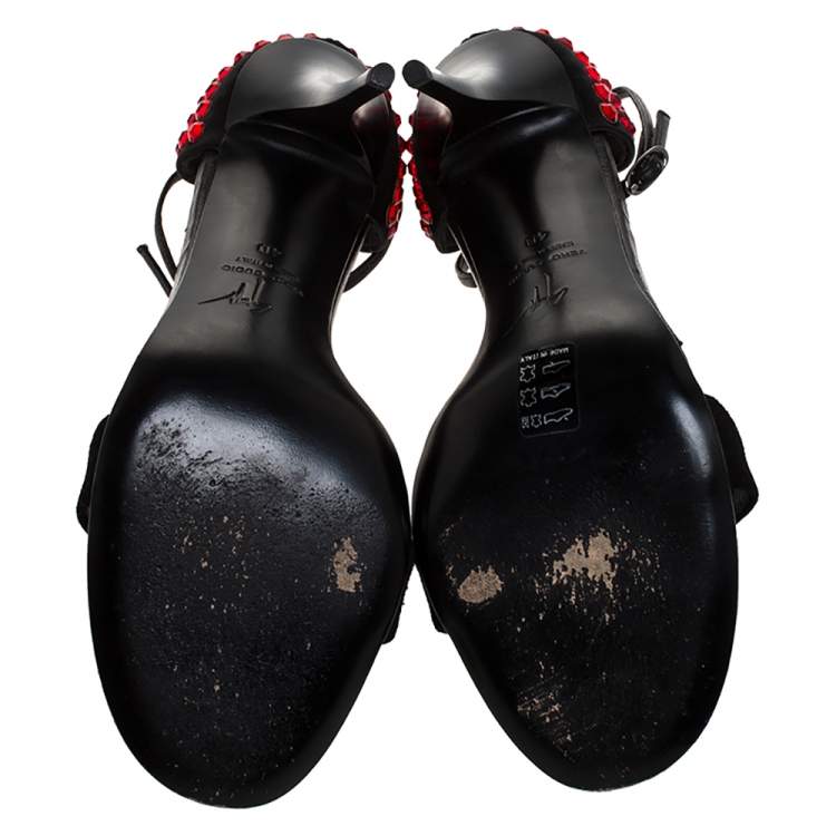 Pre Owned Giuseppe Zanotti Black Suede And Satin Crystal Embellished Ankle Strap Sandals Size 40