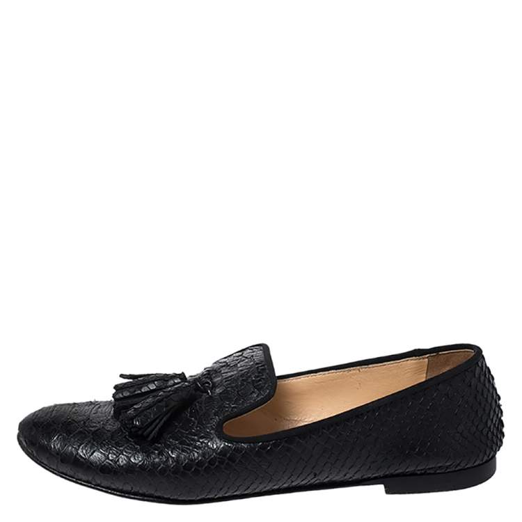 Pre Owned Giuseppe Zanotti Black Python Leather Tassel Detail Smoking Slippers Size 37