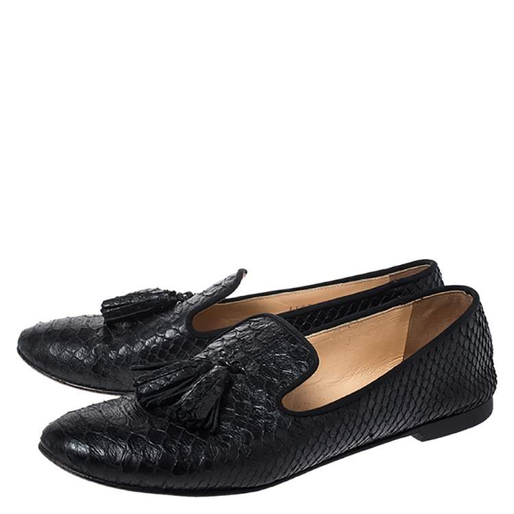 Pre Owned Giuseppe Zanotti Black Python Leather Tassel Detail Smoking Slippers Size 37