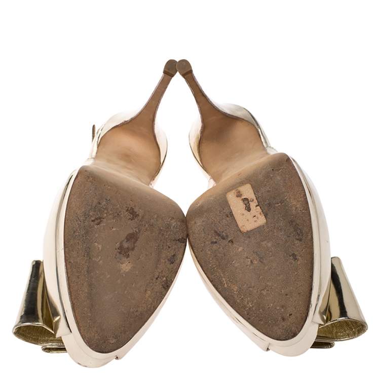 Pre Owned Giuseppe Zanotti Metallic Gold Leather Bow Embellished Platform Slingback Sandals Size 40