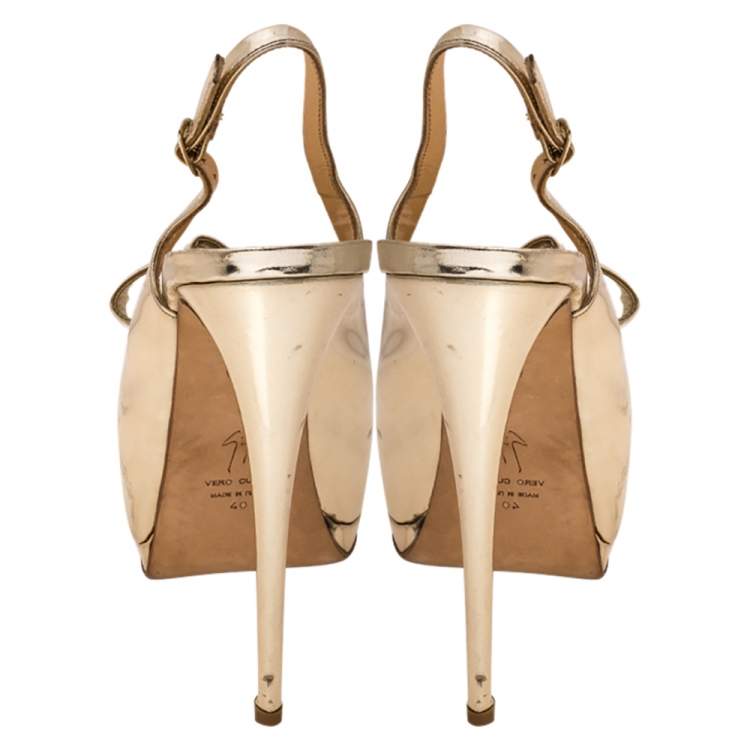 Pre Owned Giuseppe Zanotti Metallic Gold Leather Bow Embellished Platform Slingback Sandals Size 40