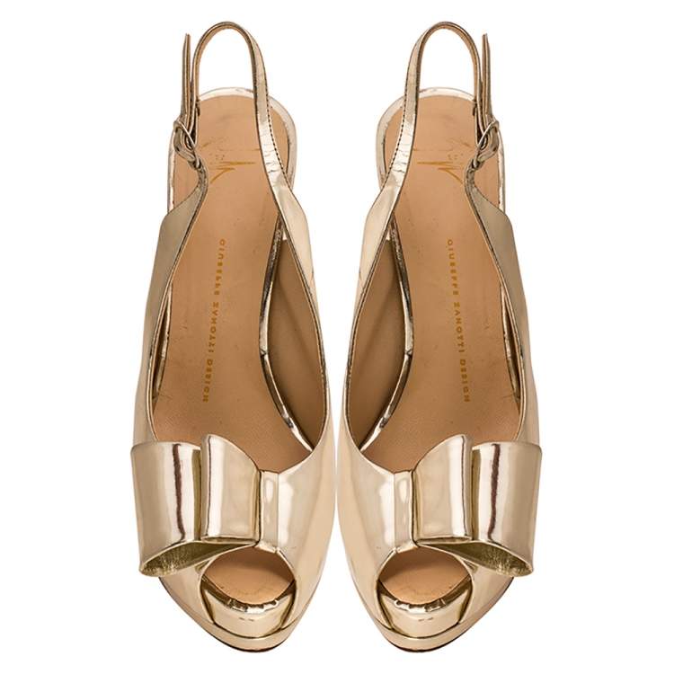Pre Owned Giuseppe Zanotti Metallic Gold Leather Bow Embellished Platform Slingback Sandals Size 40