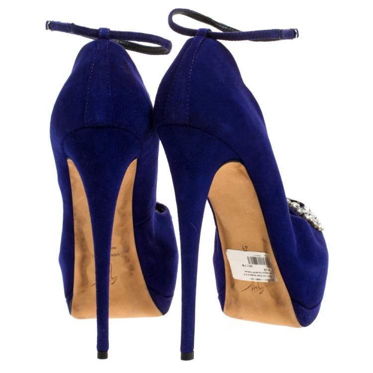 Pre Owned Giuseppe Zanotti Blue Suede Crystal Embellished Ankle Strap Peep Toe Platform Pumps Size 41