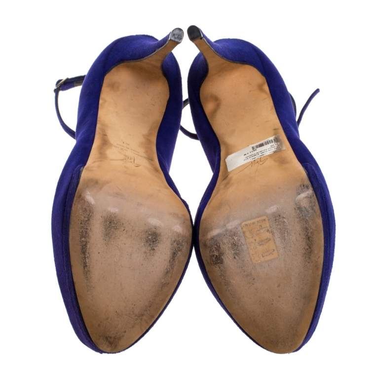 Pre Owned Giuseppe Zanotti Blue Suede Crystal Embellished Ankle Strap Peep Toe Platform Pumps Size 41
