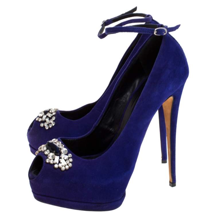 Pre Owned Giuseppe Zanotti Blue Suede Crystal Embellished Ankle Strap Peep Toe Platform Pumps Size 41