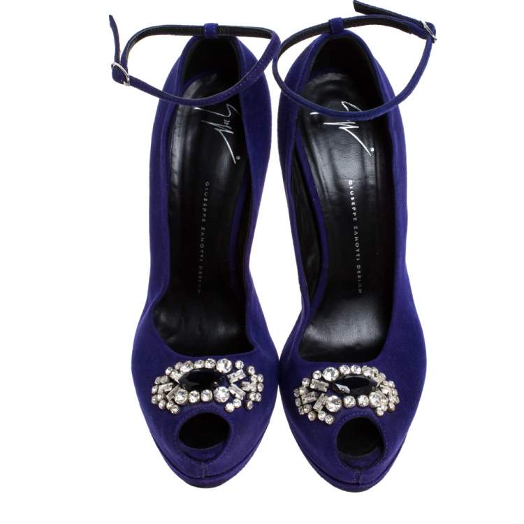 Pre Owned Giuseppe Zanotti Blue Suede Crystal Embellished Ankle Strap Peep Toe Platform Pumps Size 41