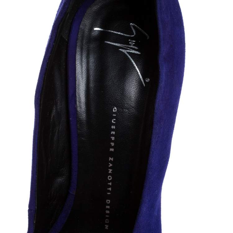 Pre Owned Giuseppe Zanotti Blue Suede Crystal Embellished Ankle Strap Peep Toe Platform Pumps Size 41