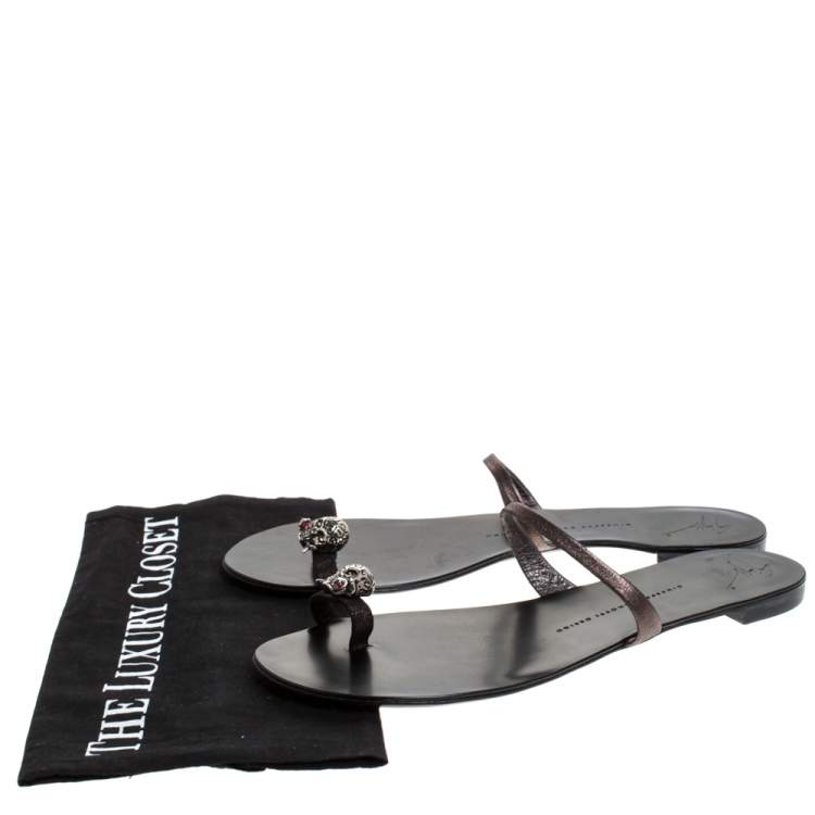 Pre Owned Giuseppe Zanotti Metallic Leather Skull Toe Ring Flats Size 40