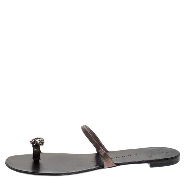 Pre Owned Giuseppe Zanotti Metallic Leather Skull Toe Ring Flats Size 40