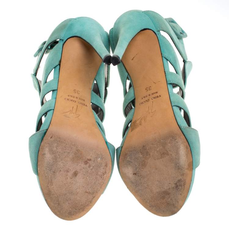 Pre Owned Giuseppe Zanotti Aqua Suede Cutout Caged Slingback Sandals Size 35