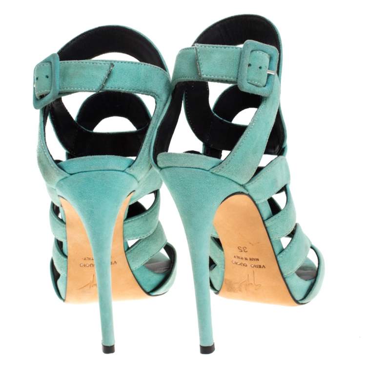 Pre Owned Giuseppe Zanotti Aqua Suede Cutout Caged Slingback Sandals Size 35
