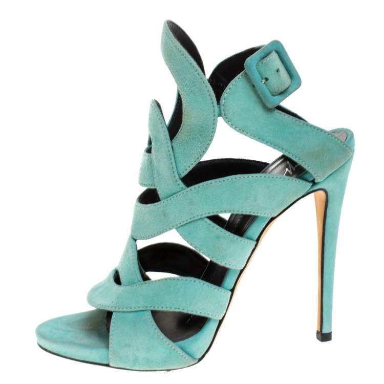Pre Owned Giuseppe Zanotti Aqua Suede Cutout Caged Slingback Sandals Size 35