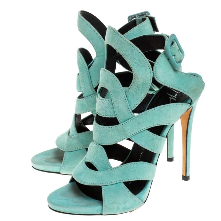 Pre Owned Giuseppe Zanotti Aqua Suede Cutout Caged Slingback Sandals Size 35