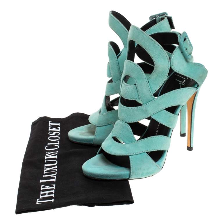 Pre Owned Giuseppe Zanotti Aqua Suede Cutout Caged Slingback Sandals Size 35
