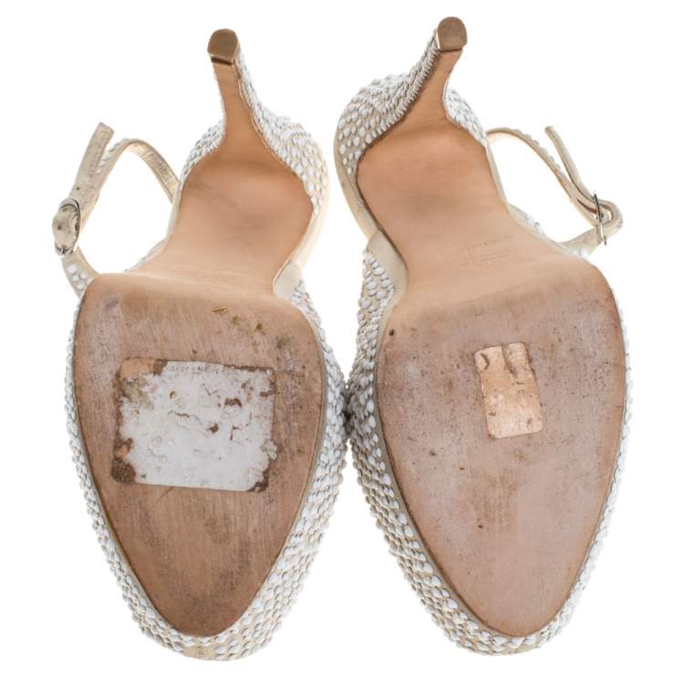 Pre Owned Giuseppe Zanotti Beige Suede Crystal Embellished Peep Toe Platform Slingback Sandals Size 40