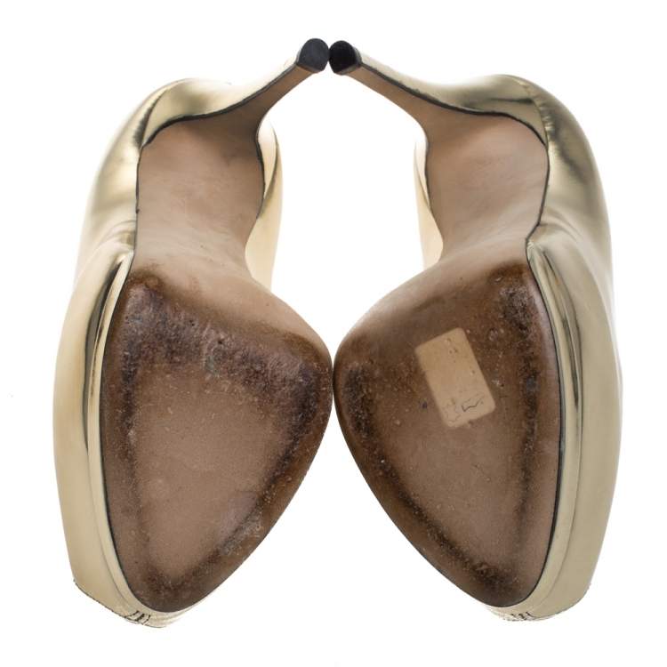 Pre Owned Giuseppe Zanotti Metallic Gold Leather Peep Toe Platform Pumps Size 37.5